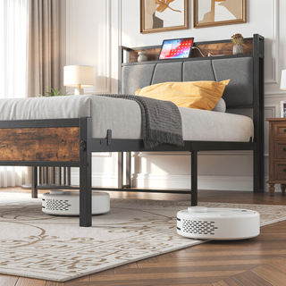 Sunvega Full Size Bed Frame with Storage Headboard and Charging Station Outlets