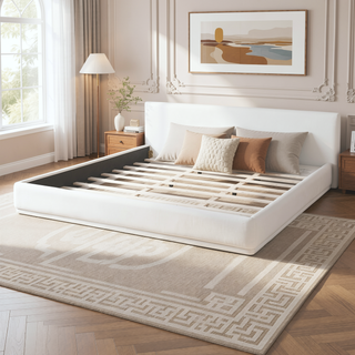Sunvega Upholstered Bed with Padded Headboard and Wooden Slat Frame in White