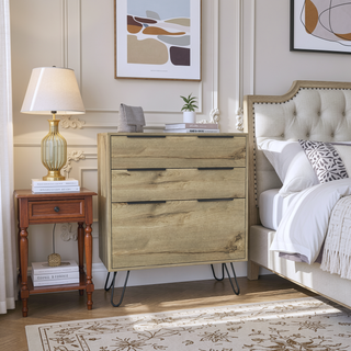 Sunvega Light Oak Dresser with Three Drawers and Hairpin Legs for Bedroom