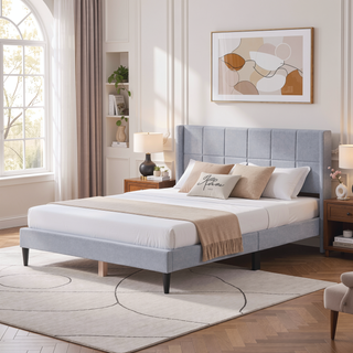 Sunvega Modern Minimalist Linen Upholstered Wingback Bed with Panel-Tufted Headboard