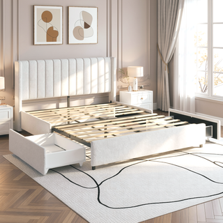 Sunvega Ivory Boucle Upholstered Queen Platform Bed with 2 Storage Drawers