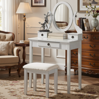 Sunvega Pink Wood Makeup Vanity Table and Stool Set with Mirror and Storage Drawers