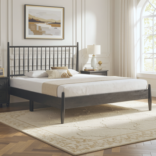 Sunvega Mid-Century Modern Design Full Platform Bed with Vertical Slats Headboard