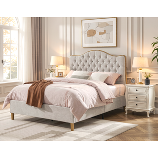Sunvega Upholstered Queen Bed Frame with Tufted Headboard and Curved Design
