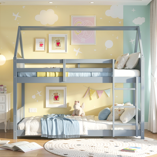 Sunvega Twin Over Twin House Floor Bunk Bed with Headboards and Guardrails Ladder