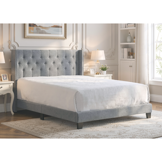 Sunvega Gray Polyester Fabric Wingback Bed with Button-tufted Details and Nailhead Trim