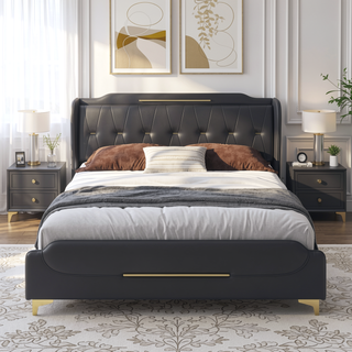 Sunvega Queen Size Leather Bed Frame with Wingback Headboard and Gold Metal Decor