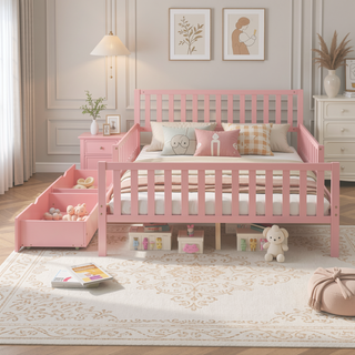Sunvega Twin Size Walnut Wood Platform Bed with Guardrails and Two Storage Drawers