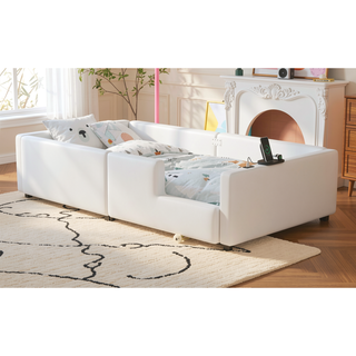 Sunvega Pink Twin Size Upholstered Platform Bed with Guardrail and Charging Station