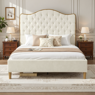 Sunvega Upholstered Queen Bed Frame with Tufted Headboard and Curved Design