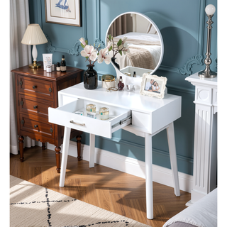 Sunvega Gold Modern Wood Vanity Set with Round Mirror and Matching Stool