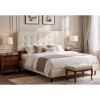 Sunvega Button-Tufted Upholstered Queen Size Headboard in Beige Linen Look Fabric