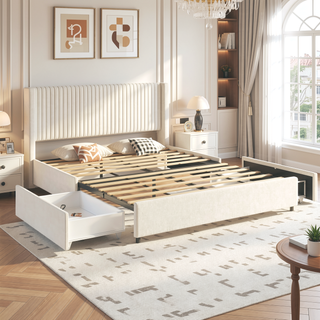 Sunvega Ivory Velvet Upholstered Wingback Queen Platform Bed with 2 Storage Drawers