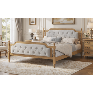 Sunvega French Provincial Style Solid Wood Bed Frame with Tufted Headboard