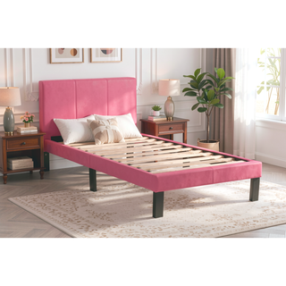Sunvega Pink Faux Leather Upholstered Twin Size Platform Bed with Wooden Slats