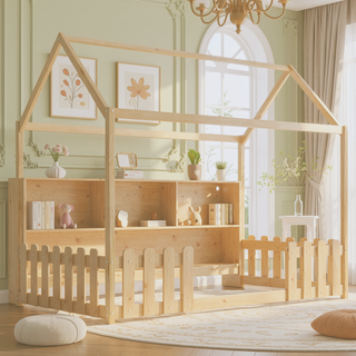 Sunvega Twin House Bed with LED Light Storage Bookshelf Guardrails for Kids Navy Blue