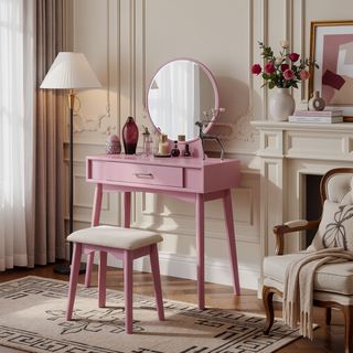Sunvega Gold Modern Wood Vanity Set with Round Mirror and Matching Stool