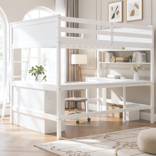Sunvega Sturdy Pine Wood Loft Bed with Bookshelves and Desk for Small Spaces