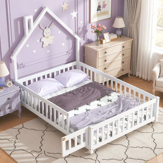 Sunvega Full Size House Shaped Headboard Floor Bed with Safety Fence Guardrails