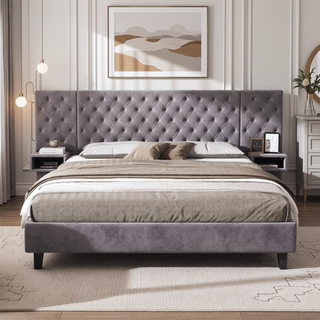 Sunvega King Size Velvet Upholstered Platform Bed with Headboard and Nightstands