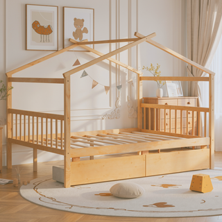 Sunvega Twin Size Wooden House Bed with Drawers and Headboard for Kids Room
