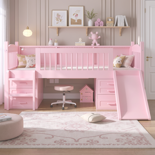 Sunvega Twin Loft Bed with Storage Shelves, LED Lights and Full Guardrails, Pink