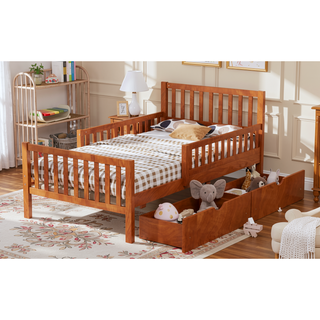 Sunvega Twin Size Walnut Wood Platform Bed with Guardrails and Two Storage Drawers