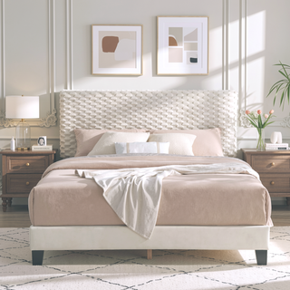 Sunvega Plush 3D Upholstered Platform Bed in White Dove with Height Adjustable Headboard