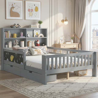 Sunvega Twin Solid Wood Platform Bed with Chalkboard Headboard and Storage Drawers