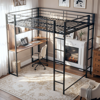 Sunvega Full Size Metal Loft Bed with Desk and 2 Shelves White