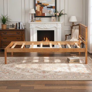 Sunvega Sturdy Wood Platform Bed Frame with Headboard for Queen Size Oak Finish