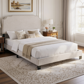 Sunvega Copper Beige Upholstered Eastern King Panel Bed with Classic Headboard and Footboard