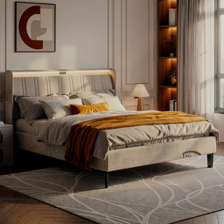 Sunvega Full Size Upholstered Platform Bed Frame with Headboard and USB Charging