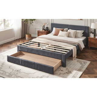 Sunvega Modern Charcoal Corduroy Upholstered Full Size Bed with Storage Drawer