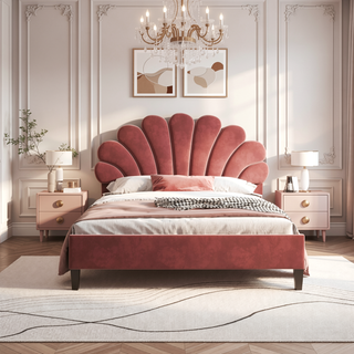 Sunvega Queen Size Upholstered Platform Bed with Flower Pattern Velvet Headboard