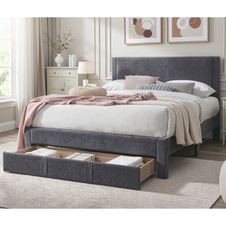 Sunvega Modern Charcoal Corduroy Upholstered Full Size Bed with Storage Drawer
