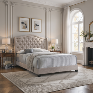 Sunvega Upholstered Eastern King Bed with Tufted Camel Back Headboard and Nailhead Trim