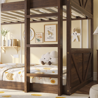 Sunvega Twin Over Twin Bunk Bed with Vintage Panelled Headboard and Safety Guardrails