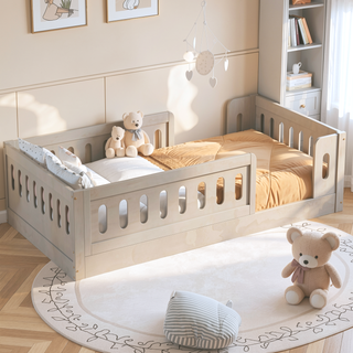 Sunvega Twin Size Wood Platform Bed with Guardrail and Sturdy Construction