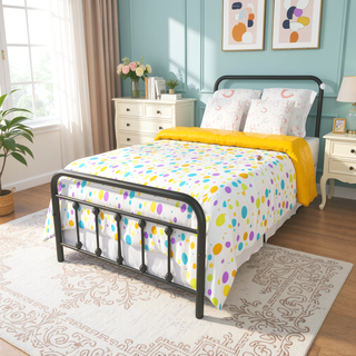 Sunvega Victorian Style Queen Size Metal Platform Bed Frame with Headboard and Under Bed Storage