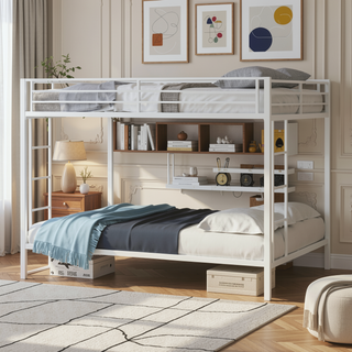 Sunvega Multi-Functional Square Tube Iron Bunk Bed with Full-Size Upper and Lower Beds