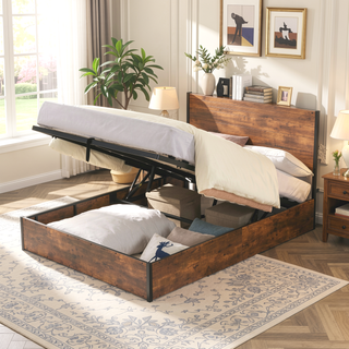 Sunvega Full Size Lift Up Storage Bed Frame with Bookcase Headboard and LED Lights