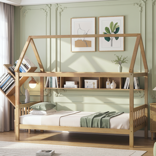 Sunvega Twin Rubber Wood House Bed with Headboard and Footboard in Light Grey