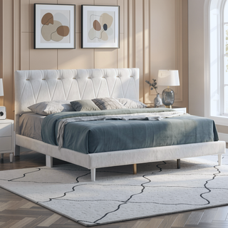 Sunvega Soft Teddy Bear Wheat Color Fabric Upholstered Queen Platform Bed