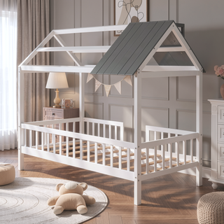 Sunvega White Twin Size Wood House Playhouse Bed with Fence for Kids Room