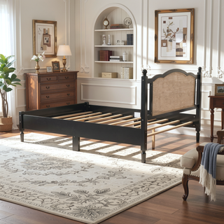 Sunvega Queen Size Wooden Platform Bed with Natural Rattan Headboard and Wooden Slat Support
