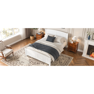 Sunvega White Solid Wood Queen Platform Bed with Slats No Box Spring Needed