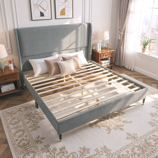 Sunvega King Beige Velvet Wingback Platform Bed with Low Profile Design