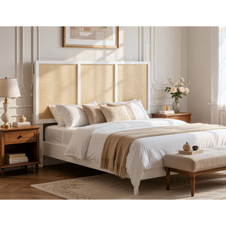 Sunvega White Painted Cane Panel Coastal Queen Full Headboard with Adjustable Height