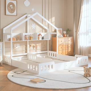 Sunvega Creamy White Twin Size House Platform Beds with Shelves and Guardrail